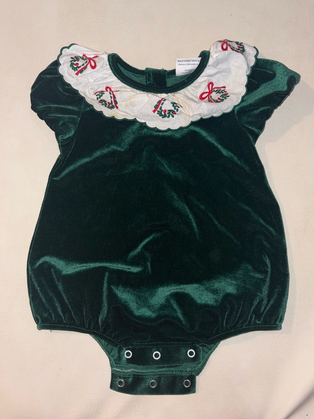 Southern Smocked Co Baby Holiday Velvet Bubble Romper with Embroidered Collar